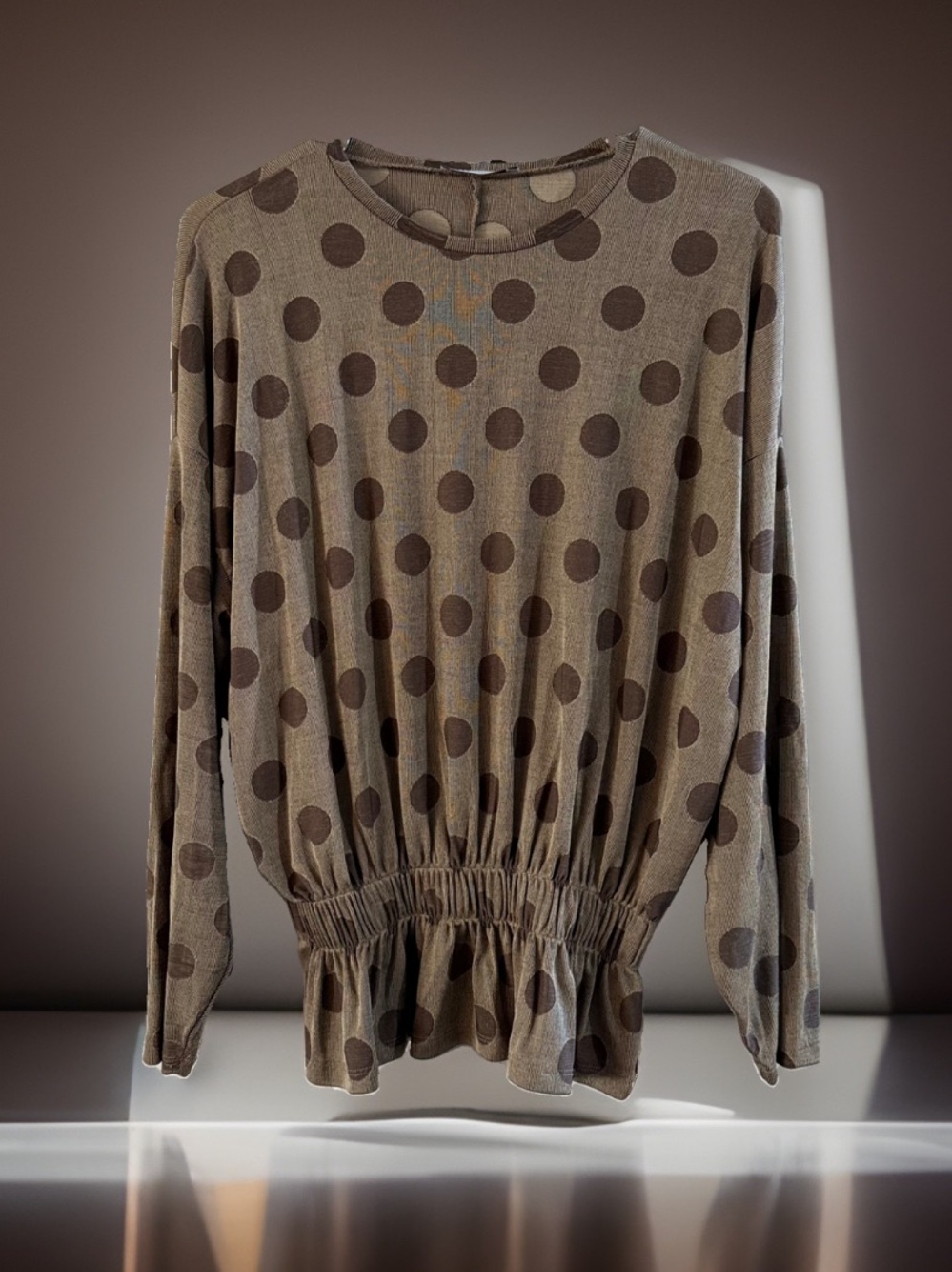 ZARA Women’s S Brown Polka Dot Peplum Top Smocked Waist Long Sleeve Blouse